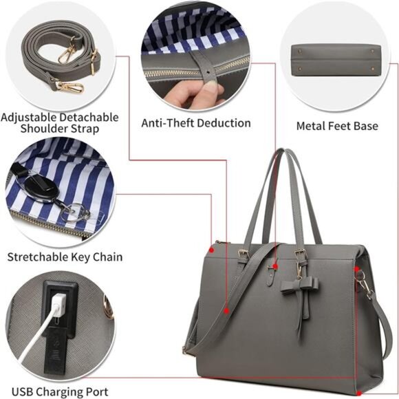 Keyli 4pc Sets Laptop Bag for Women Large Leather Laptop Briefcase with USB - Picture 5 of 7